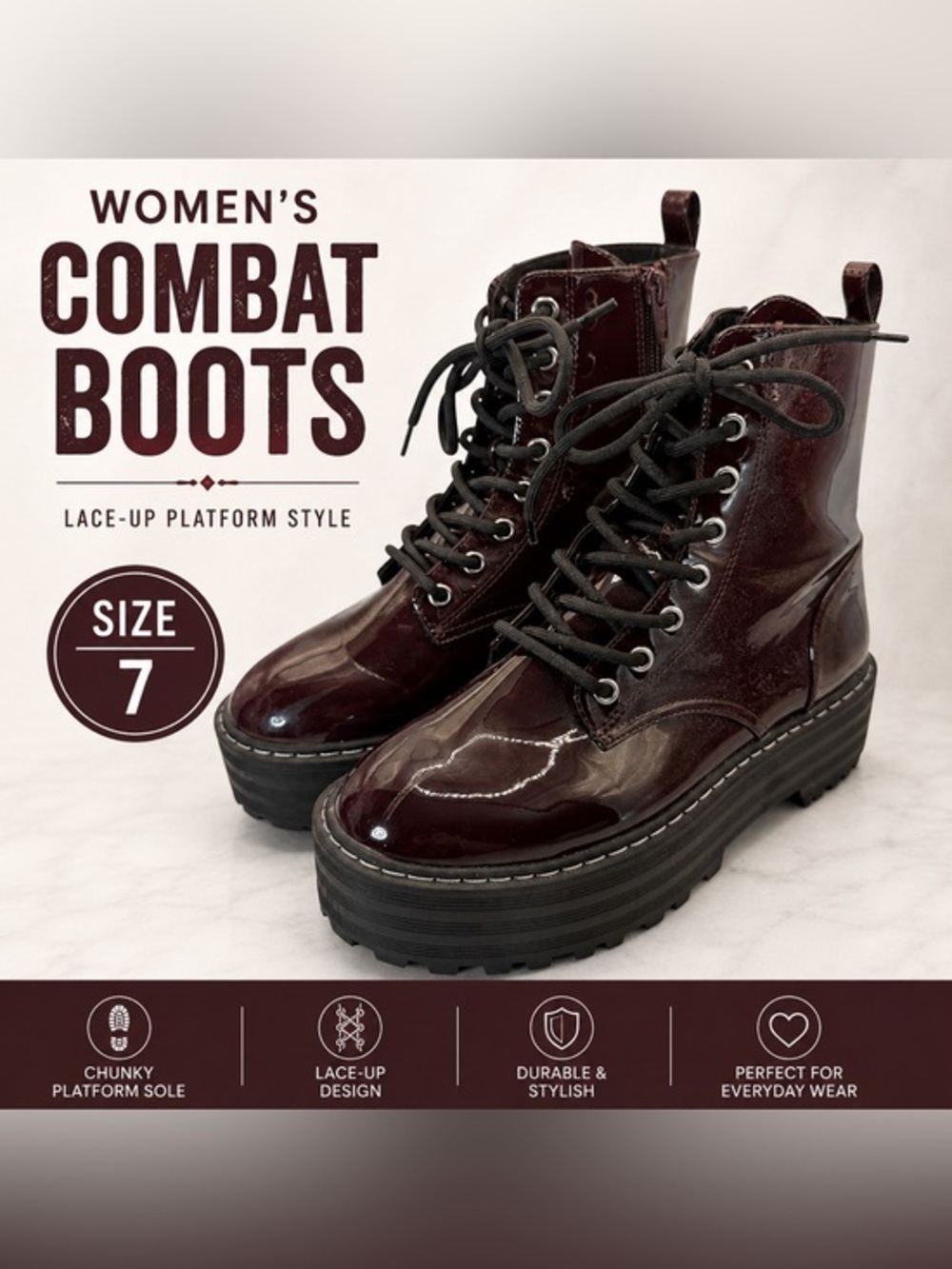 H&M Divided Burgundy Patent Platform Combat Boots Women’s Size 7 EU 38